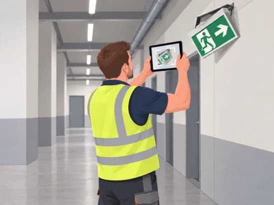 Ein Mitarbeiter in Warnweste fotografiert in einem Flur mit dem Tablet ein schief hängendes Notausgangsschild.
